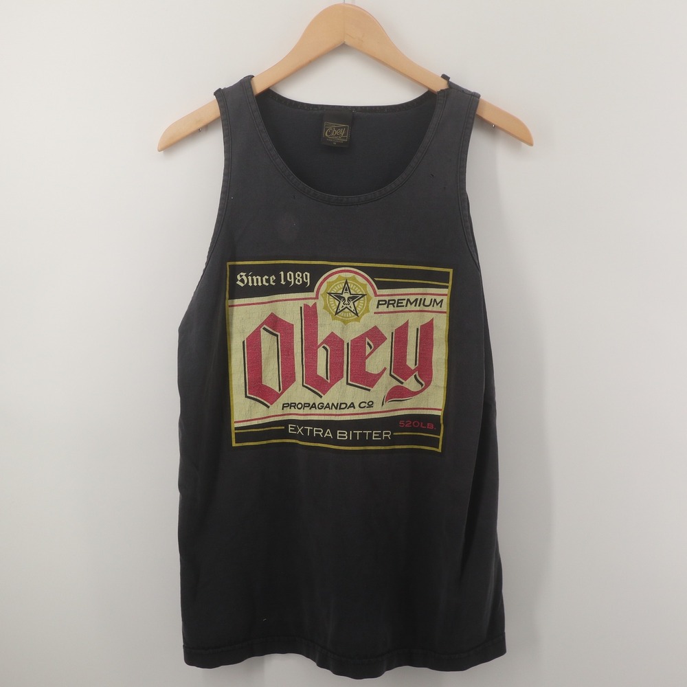 Obey Tank Top Mens Medium Faded Black Graphic Y2K Skate Extra Bitter Fair